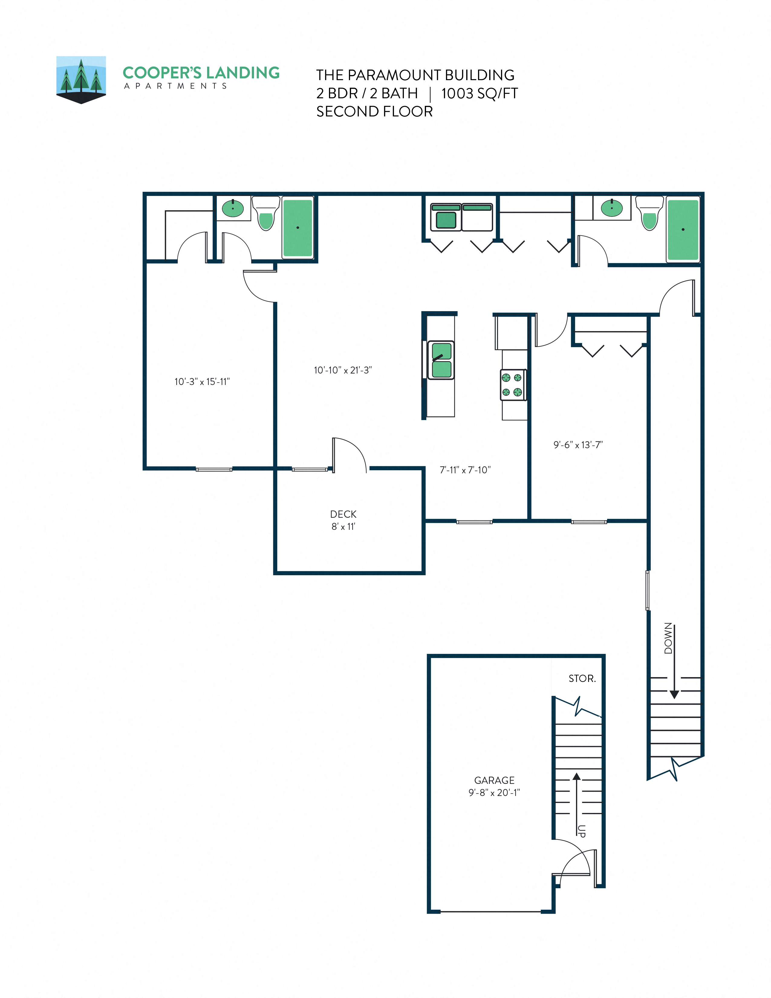 Floor plan for 2 beds, 2 baths, 1003 sqft
